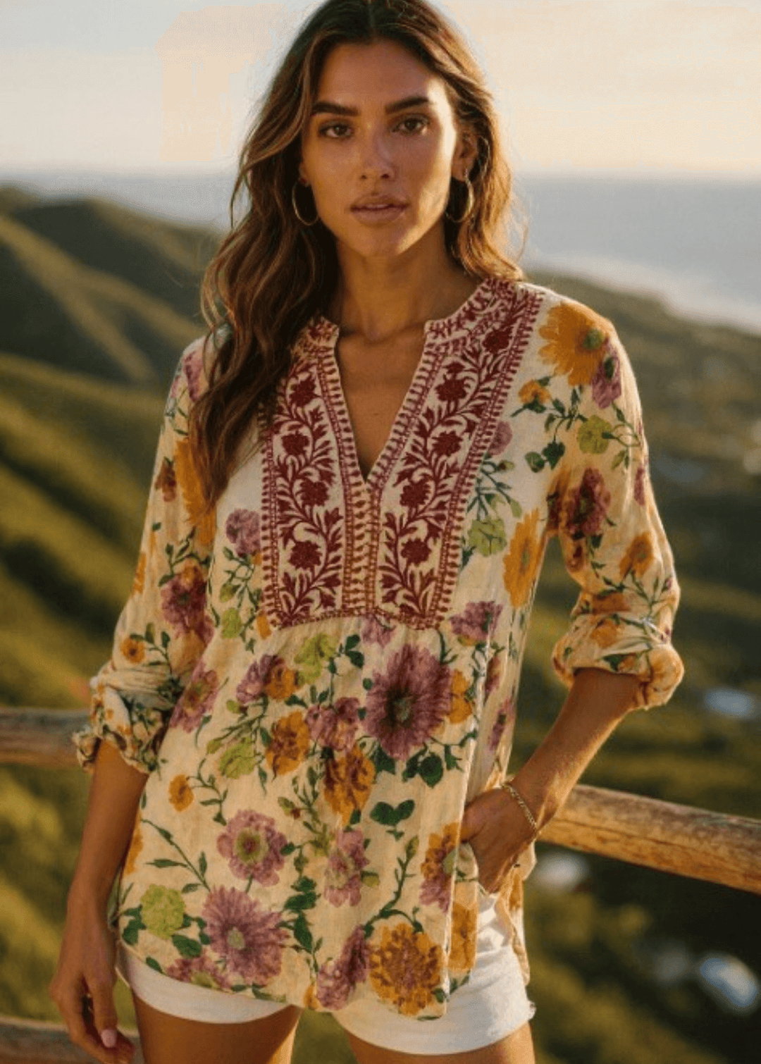 Bask in the beauty of effortless bohemian charm with the Carla Top. Crafted from soft, breathable cotton voile, this piece features a vibrant floral print in sun-kissed tones of golden marigold, lilac, and fresh green. The hand-embroidered deep red bib adds an artisanal touch, making each blouse unique. Designed with a relaxed silhouette and a flattering V-neckline, it's perfect for warm days or layered looks. Made in Los Angeles and finished with a light garment-dye wash for a soft, lived-in feel. 