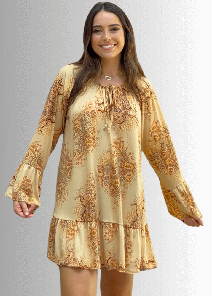Made in USA Women's Boho Beautiful Lightweight Jersey A-Line Mini Dress, Long Sleeves, Ruffled Hem and Cuffs, Tie Front Detail in Mustard | Classy Cozy Cool Made in America Boutique