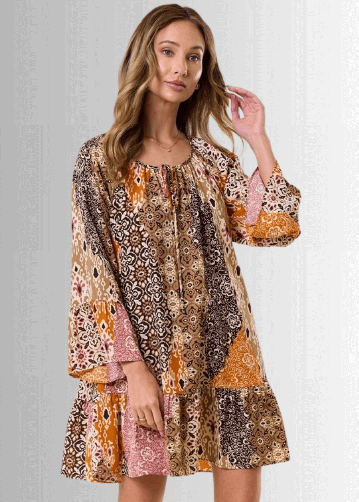 Brynn Boho Pattern Ruffled A-Line Dress Small