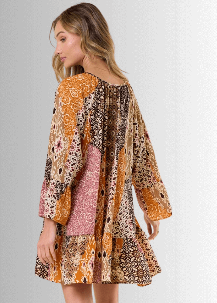 Brynn Boho Pattern Ruffled A-Line Dress Small