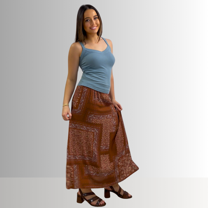 Made in USA Charming Boho Paisley Patch Print Maxi Skirt in Rust Brown, 100% Rayon Machine Wash, Tumble Dry | Renee C Style 4234SK | Classy Cozy Cool Made in America Boutique