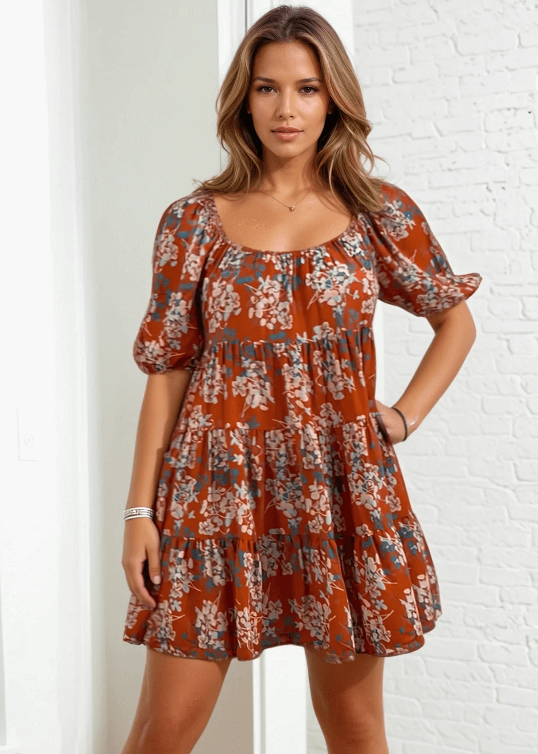 Made in USA Women's Brown Floral Baby Doll Mini Dress, Short Sleeves, Flounce Ruffle Hem, Can be worn off the shoulder | Bucket List Style D3059B