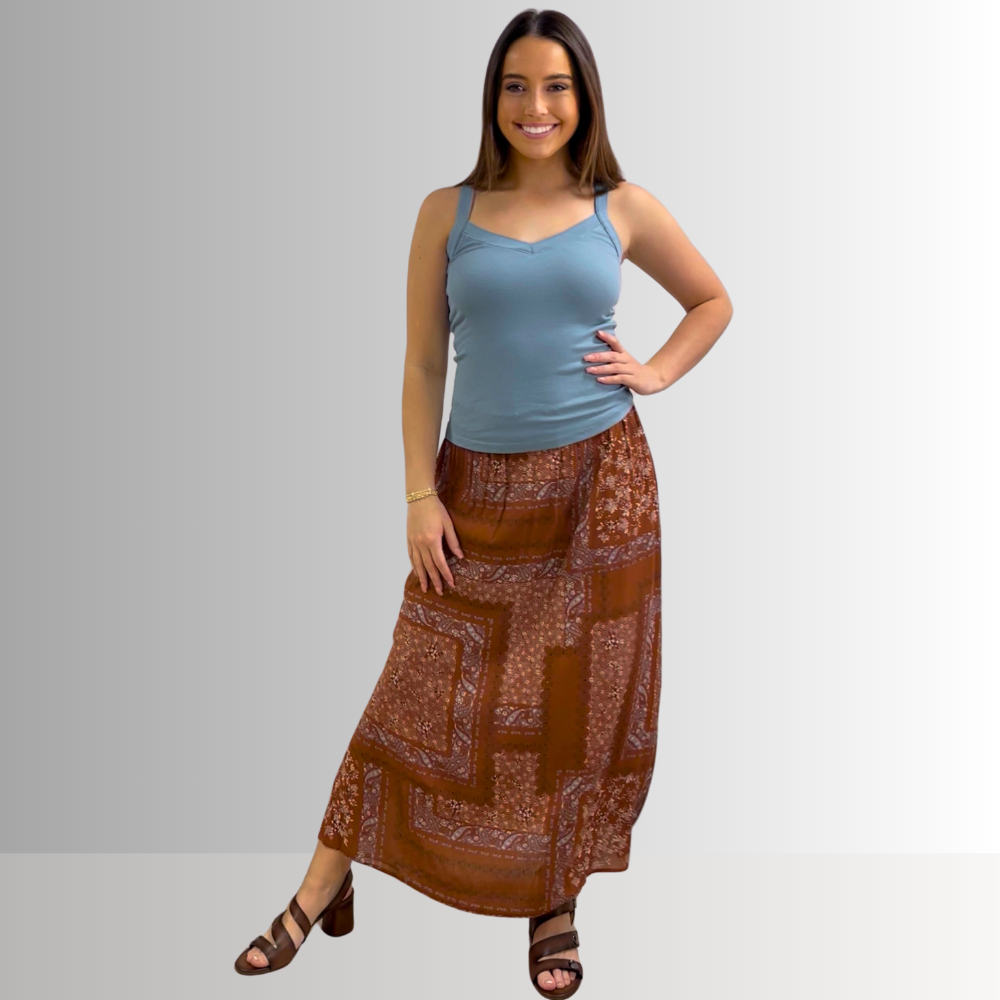 Made in USA Charming Boho Paisley Patch Print Maxi Skirt in Rust Brown, 100% Rayon Machine Wash, Tumble Dry | Renee C Style 4234SK | Classy Cozy Cool Made in America Boutique