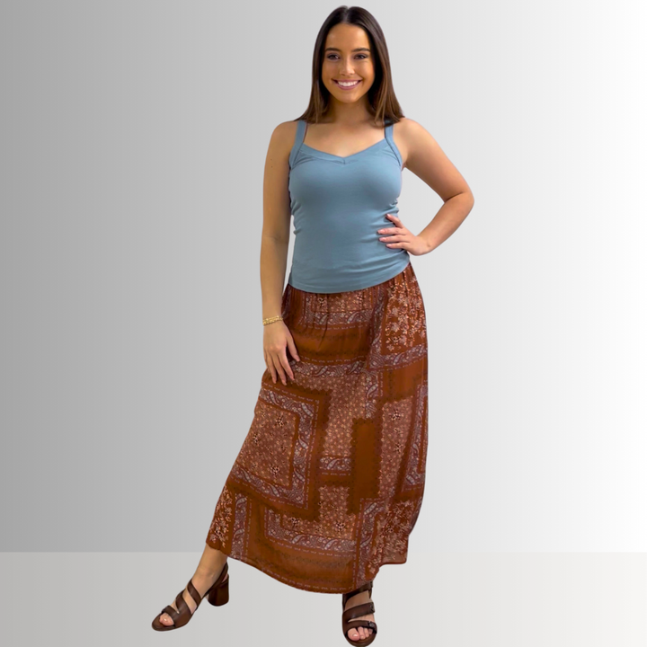 Made in USA Charming Boho Paisley Patch Print Maxi Skirt in Rust Brown, 100% Rayon Machine Wash, Tumble Dry | Renee C Style 4234SK | Classy Cozy Cool Made in America Boutique