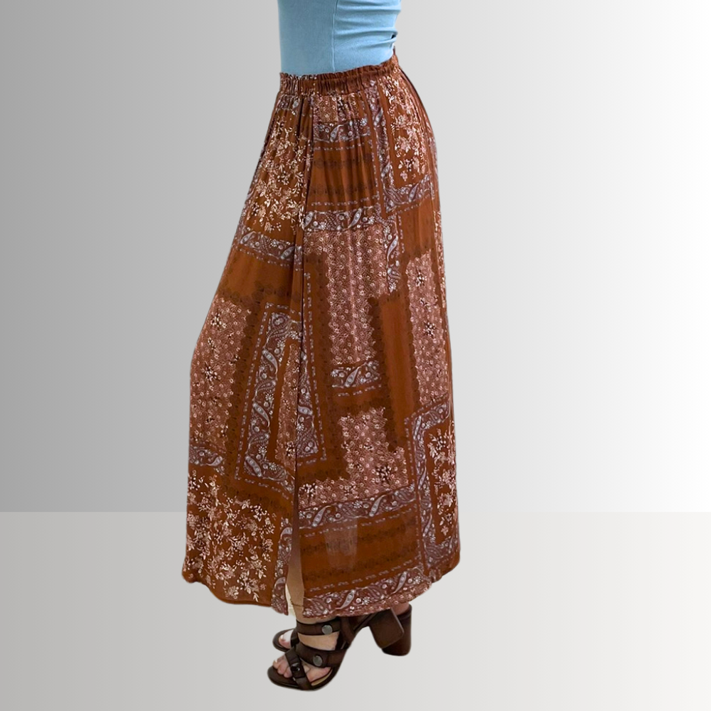 Made in USA Charming Boho Paisley Patch Print Maxi Skirt in Rust Brown, 100% Rayon Machine Wash, Tumble Dry | Renee C Style 4234SK | Classy Cozy Cool Made in America Boutique