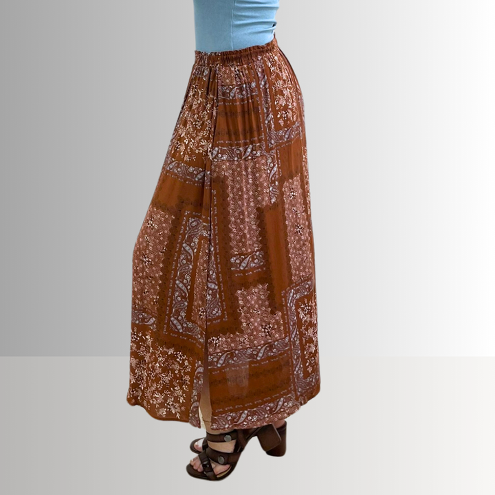 Made in USA Charming Boho Paisley Patch Print Maxi Skirt in Rust Brown, 100% Rayon Machine Wash, Tumble Dry | Renee C Style 4234SK | Classy Cozy Cool Made in America Boutique