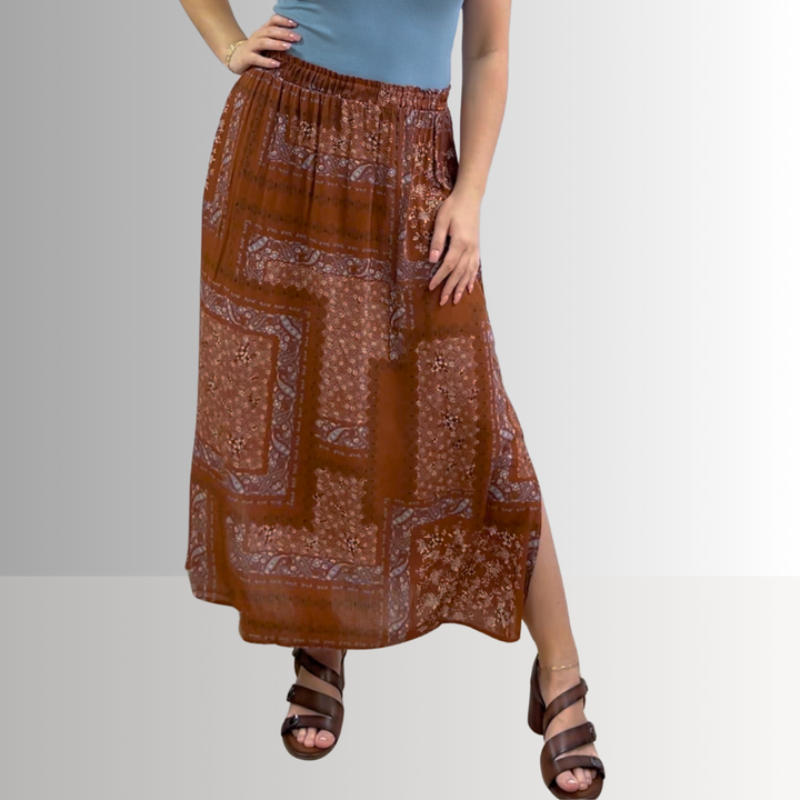 Made in USA Charming Boho Paisley Patch Print Maxi Skirt in Rust Brown, 100% Rayon Machine Wash, Tumble Dry | Renee C Style 4234SK | Classy Cozy Cool Made in America Boutique