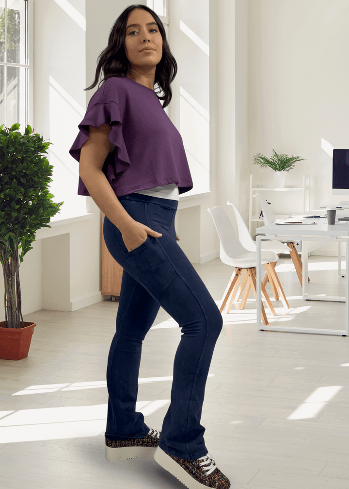 Made in USA Women's Perfect Fit Tummy Control High Rise Wide Waistband Cotton Spandex Mineral Washed Bootcut Leggings with Large Side Pockets in Dark Denim | Classy Cozy Cool Made in America Boutique