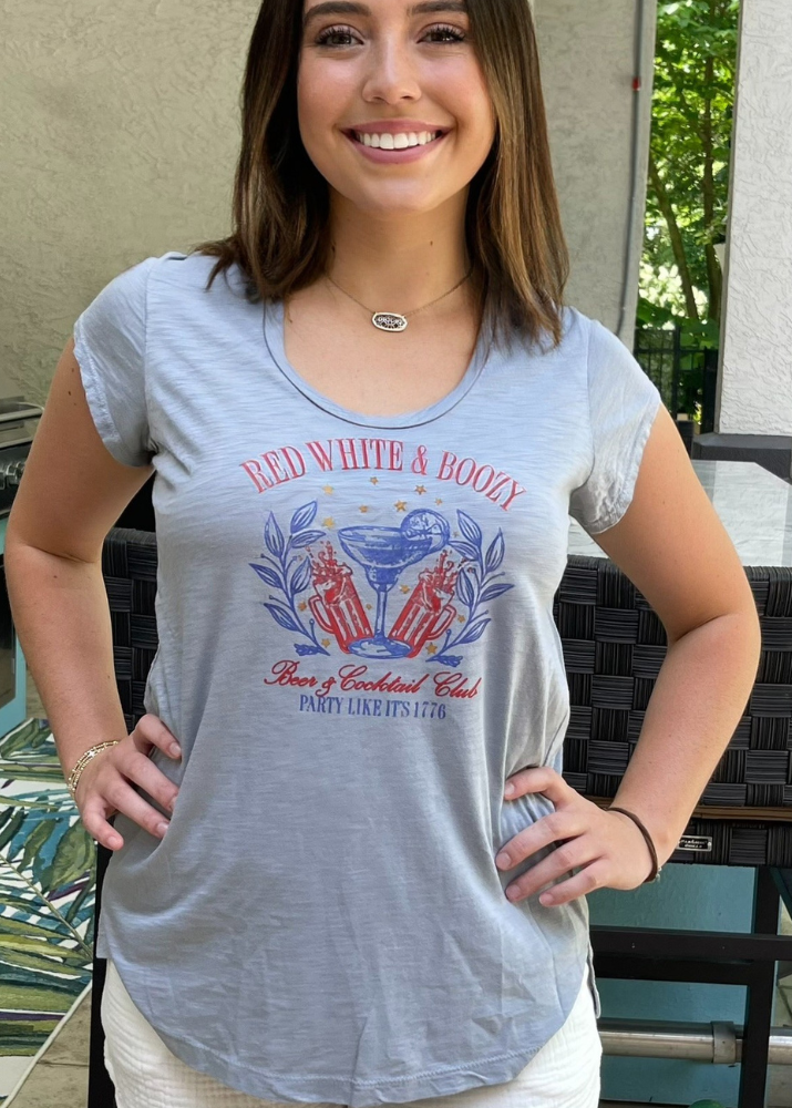 Made in USA Women's Patriotic Scoop Neck Graphic Garment Dyed Cotton Tee T-Shirt with Shirring at Shoulder, "Red, White and Boozy" Graphic on Light Gray Top | Classy Cozy Cool Made in America Boutique