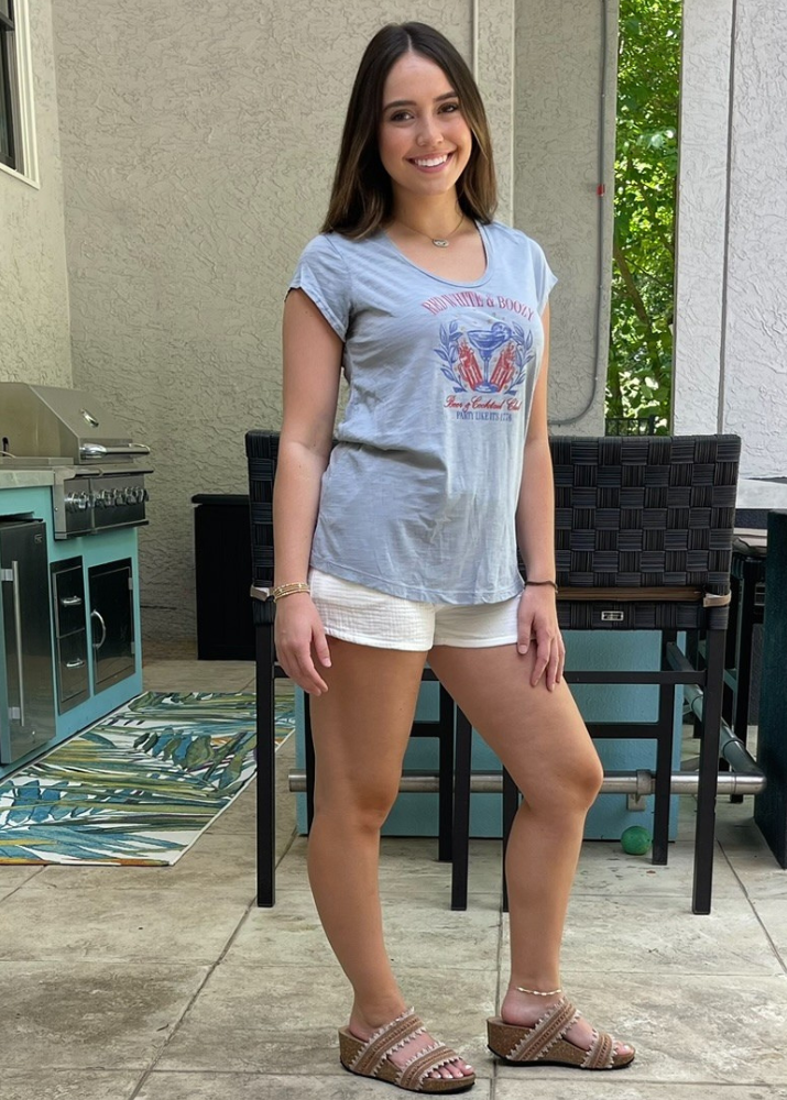 Made in USA Women's Patriotic Scoop Neck Graphic Garment Dyed Cotton Tee T-Shirt with Shirring at Shoulder, "Red, White and Boozy" Graphic on Light Gray Top | Classy Cozy Cool Made in America Boutique