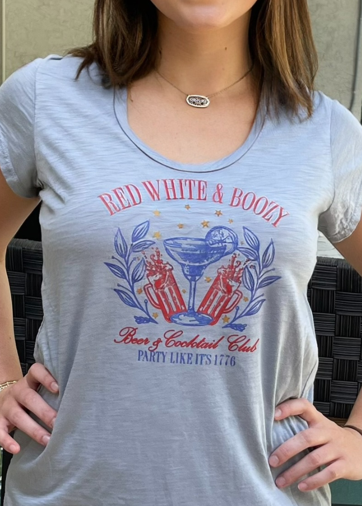 Made in USA Women's Patriotic Scoop Neck Graphic Garment Dyed Cotton Tee T-Shirt with Shirring at Shoulder, "Red, White and Boozy" Graphic on Light Gray Top | Classy Cozy Cool Made in America Boutique