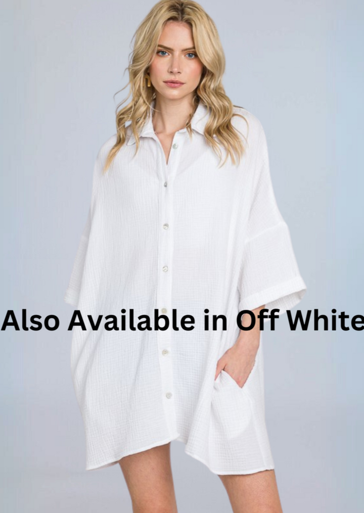 USA Made Women's Soft Mineral Washed Off White Oversized Cotton Gauze Button Down Tunic Length Long Shirt with Half Sleeves & Side Pockets 