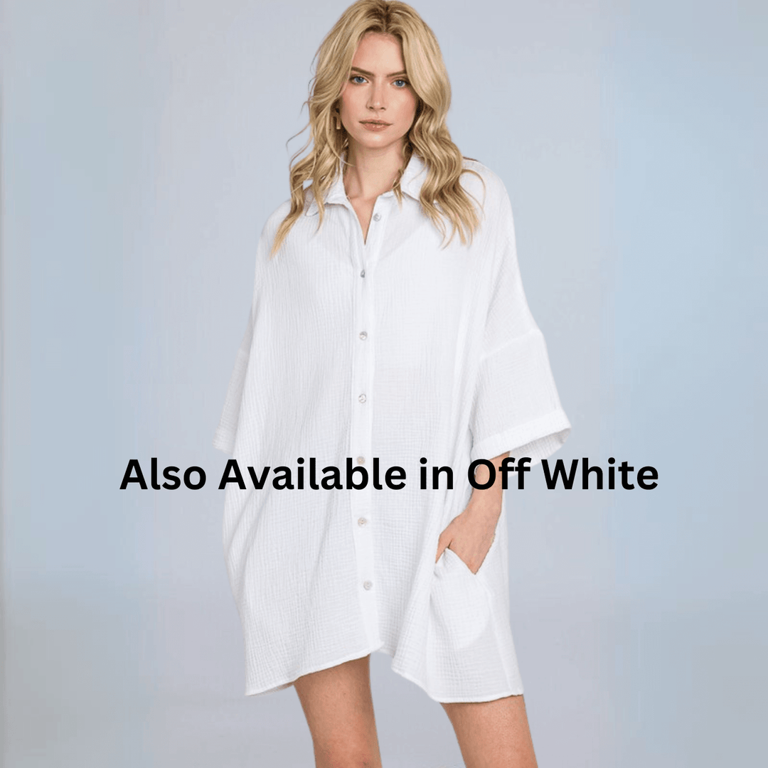 USA Made Women's Soft Mineral Washed Gauze Off White Oversized Cotton Button Down Tunic Length Long Shirt with Half Sleeves & Side Pockets | Classy Cozy Cool Made in America Boutique