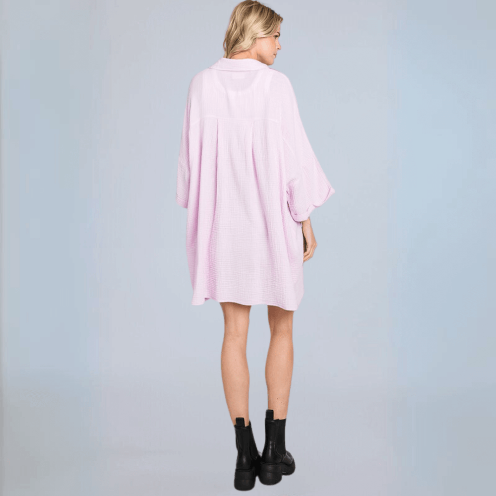 USA Made Women's Soft Mineral Washed Gauze Pink Lilac Oversized Cotton Button Down Tunic Length Long Shirt with Half Sleeves & Side Pockets | Classy Cozy Cool Made in America Boutique