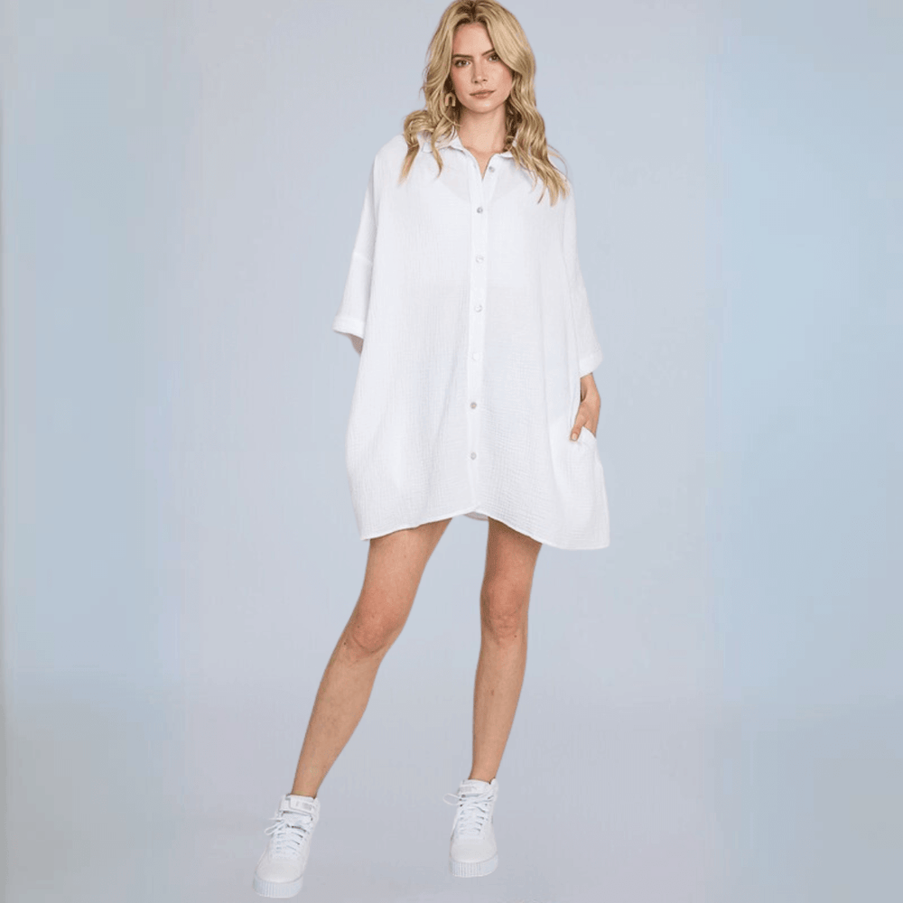 USA Made Women's Soft Mineral Washed Gauze Off White Oversized Cotton Button Down Tunic Length Long Shirt with Half Sleeves & Side Pockets | Classy Cozy Cool Made in America Boutique