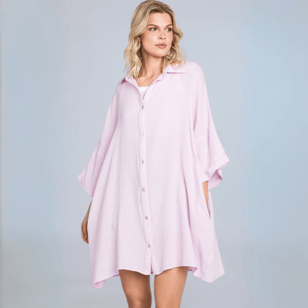 USA Made Women's Soft Mineral Washed Gauze Pink Lilac Oversized Cotton Button Down Tunic Length Long Shirt with Half Sleeves & Side Pockets | Classy Cozy Cool Made in America Boutique