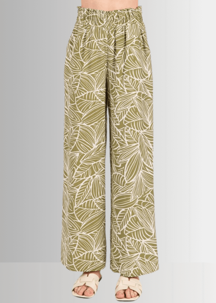 Made in USA Women's Rayon Breezy Tropical Print Lightweight Pants in Taupe or Olive with Pockets | Classy Cozy Cool Made in America Boutique