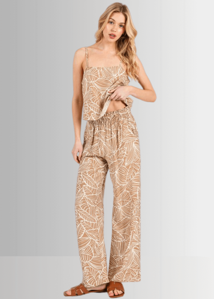 Made in USA Women's Rayon Breezy Tropical Print Lightweight Pants in Taupe or Olive with Pockets | Classy Cozy Cool Made in America Boutique