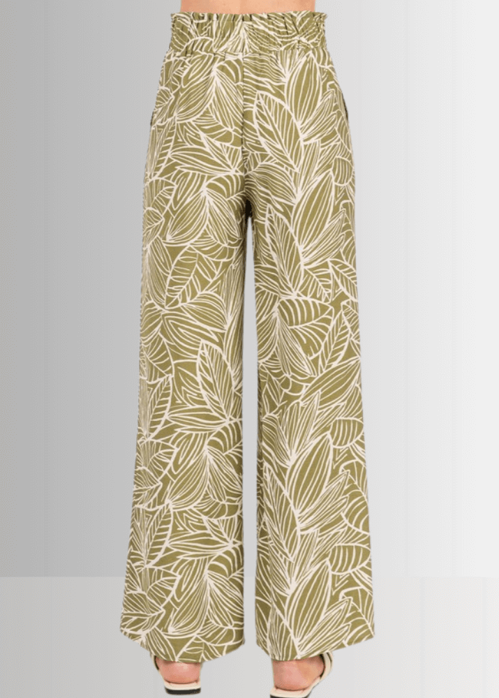 Made in USA Women's Rayon Breezy Tropical Print Lightweight Pants in Taupe or Olive with Pockets | Classy Cozy Cool Made in America Boutique