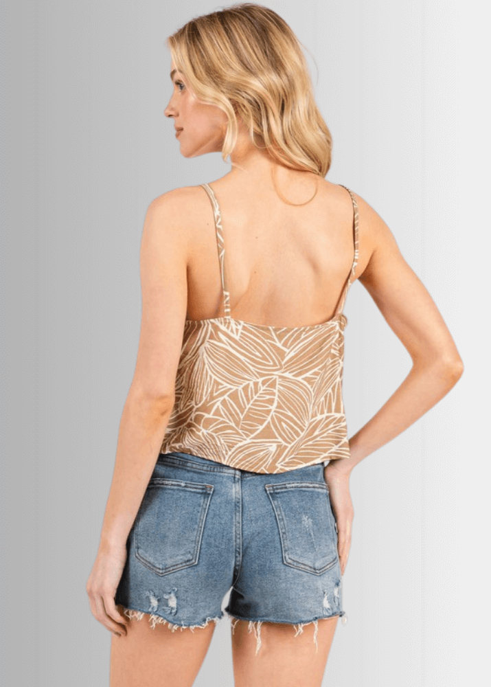 Made in USA Women's Rayon Tropical Print Shorter Waist Length Cami Tank Top in Olive or Taupe | Classy Cozy Cool Made in America Boutique