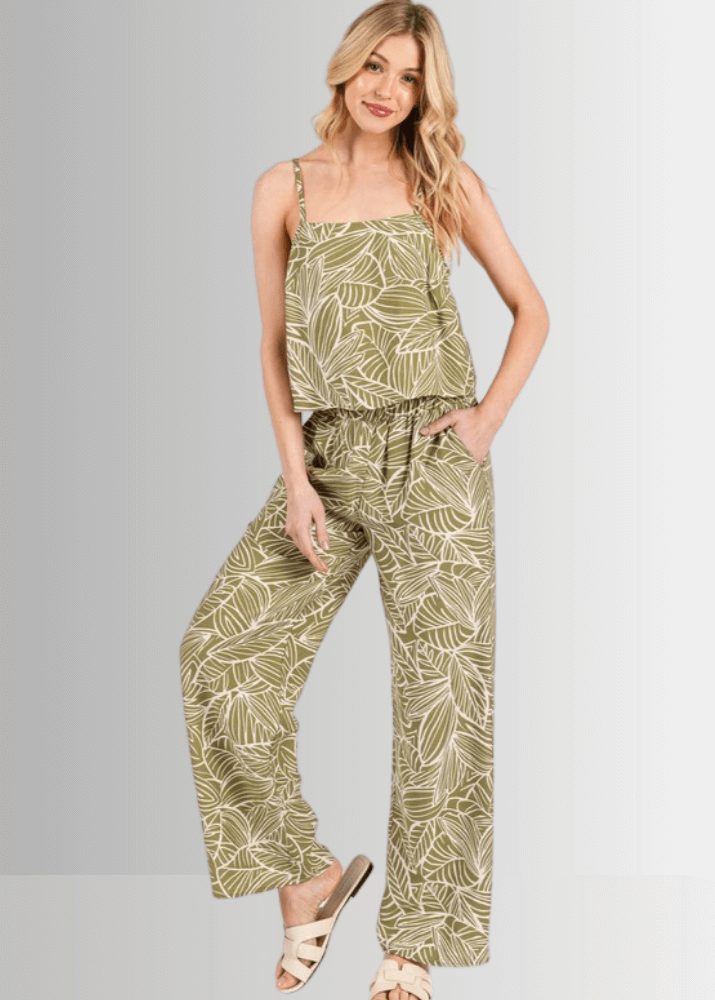 Made in USA Women's Rayon Breezy Tropical Print Lightweight Pants in Taupe or Olive with Pockets | Classy Cozy Cool Made in America Boutique