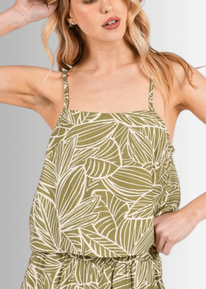 Made in USA Women's Rayon Tropical Print Shorter Waist Length Cami Tank Top in Olive or Taupe | Classy Cozy Cool Made in America Boutique
