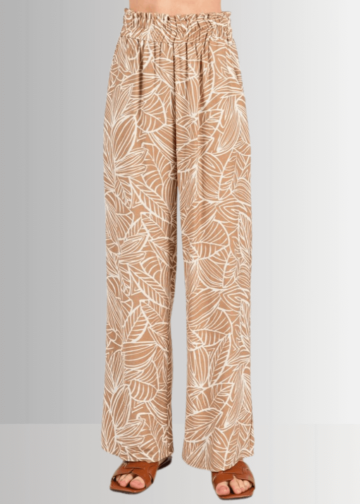 Made in USA Women's Rayon Breezy Tropical Print Lightweight Pants in Taupe or Olive with Pockets | Classy Cozy Cool Made in America Boutique