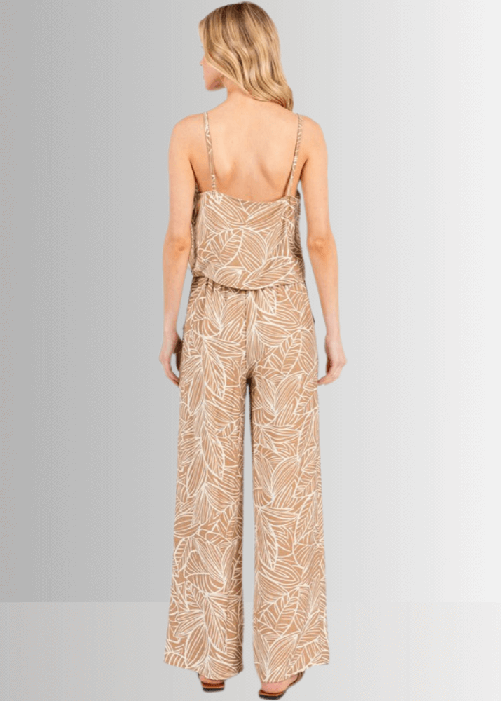 Made in USA Women's Rayon Breezy Tropical Print Lightweight Pants in Taupe or Olive with Pockets | Classy Cozy Cool Made in America Boutique