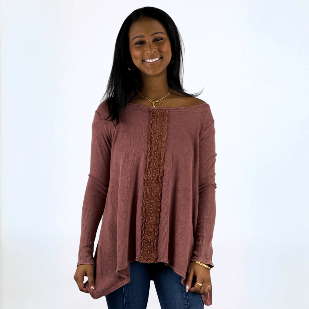 Made in USA Women's Mineral Washed Thermal Sweater Top with Lace Trim Detail on Front in Rosewood Pink Color | Fabric Made in USA | Classy Cozy Cool Made in America Boutique