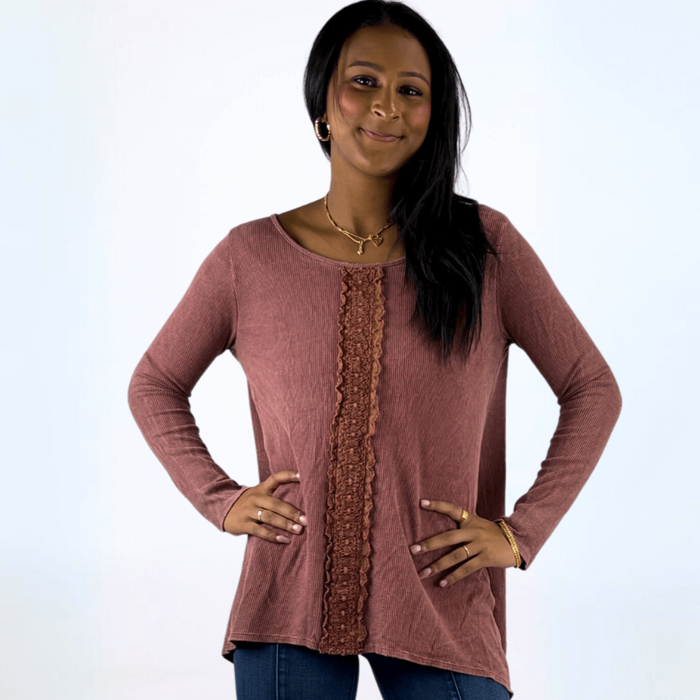 Made in USA Women's Mineral Washed Thermal Sweater Top with Lace Trim Detail on Front in Rosewood Pink Color | Fabric Made in USA | Classy Cozy Cool Made in America Boutique