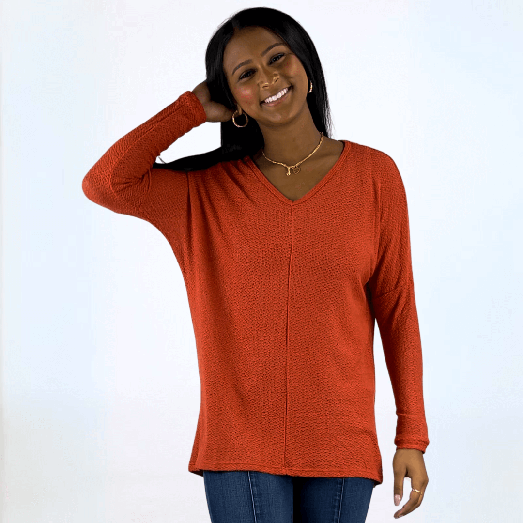 Made in USA Women's V-Neck Dolman Loose Knit Long Sleeve Sweater, Longer Length, Relaxed Fit, in Rust Color | Classy Cozy Cool Made in America Boutique