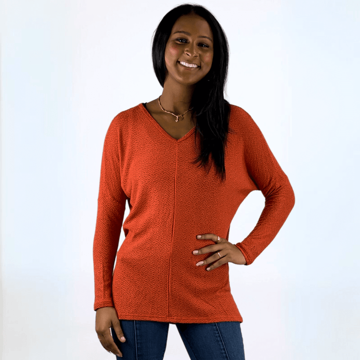 Made in USA Women's V-Neck Dolman Loose Knit Long Sleeve Sweater, Longer Length, Relaxed Fit, in Rust Color | Classy Cozy Cool Made in America Boutique