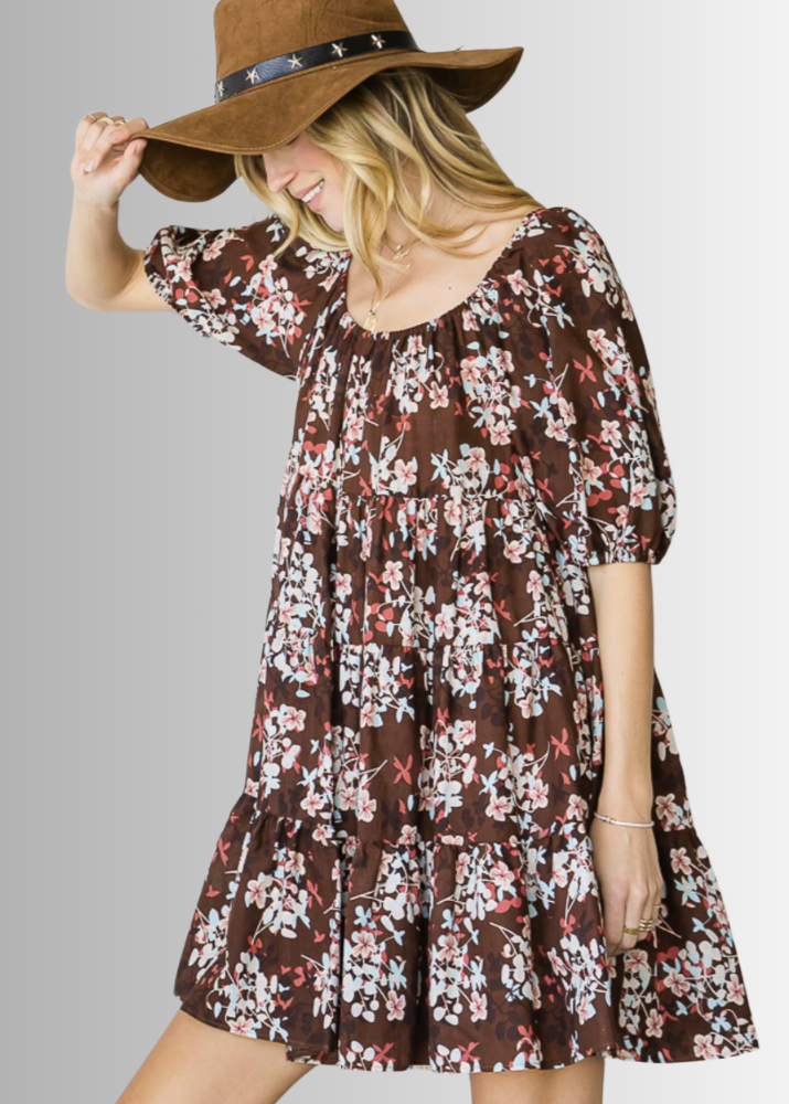 Made in USA Women's Brown Floral Baby Doll Mini Dress, Short Sleeves, Flounce Ruffle Hem, Can be worn off the shoulder | Bucket List Style D3059B