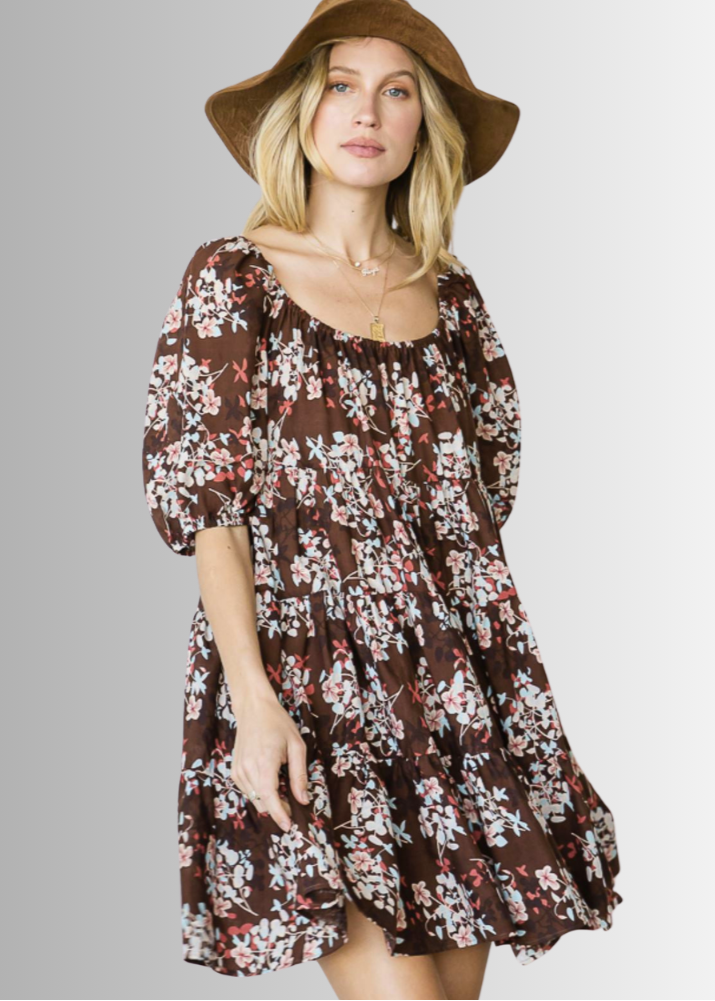 Made in USA Women's Brown Floral Baby Doll Mini Dress, Short Sleeves, Flounce Ruffle Hem, Can be worn off the shoulder | Bucket List Style D3059B