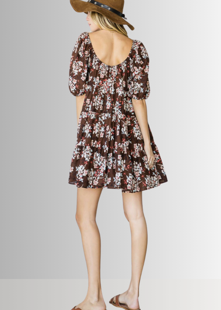 Made in USA Women's Brown Floral Baby Doll Mini Dress, Short Sleeves, Flounce Ruffle Hem, Can be worn off the shoulder | Bucket List Style D3059B