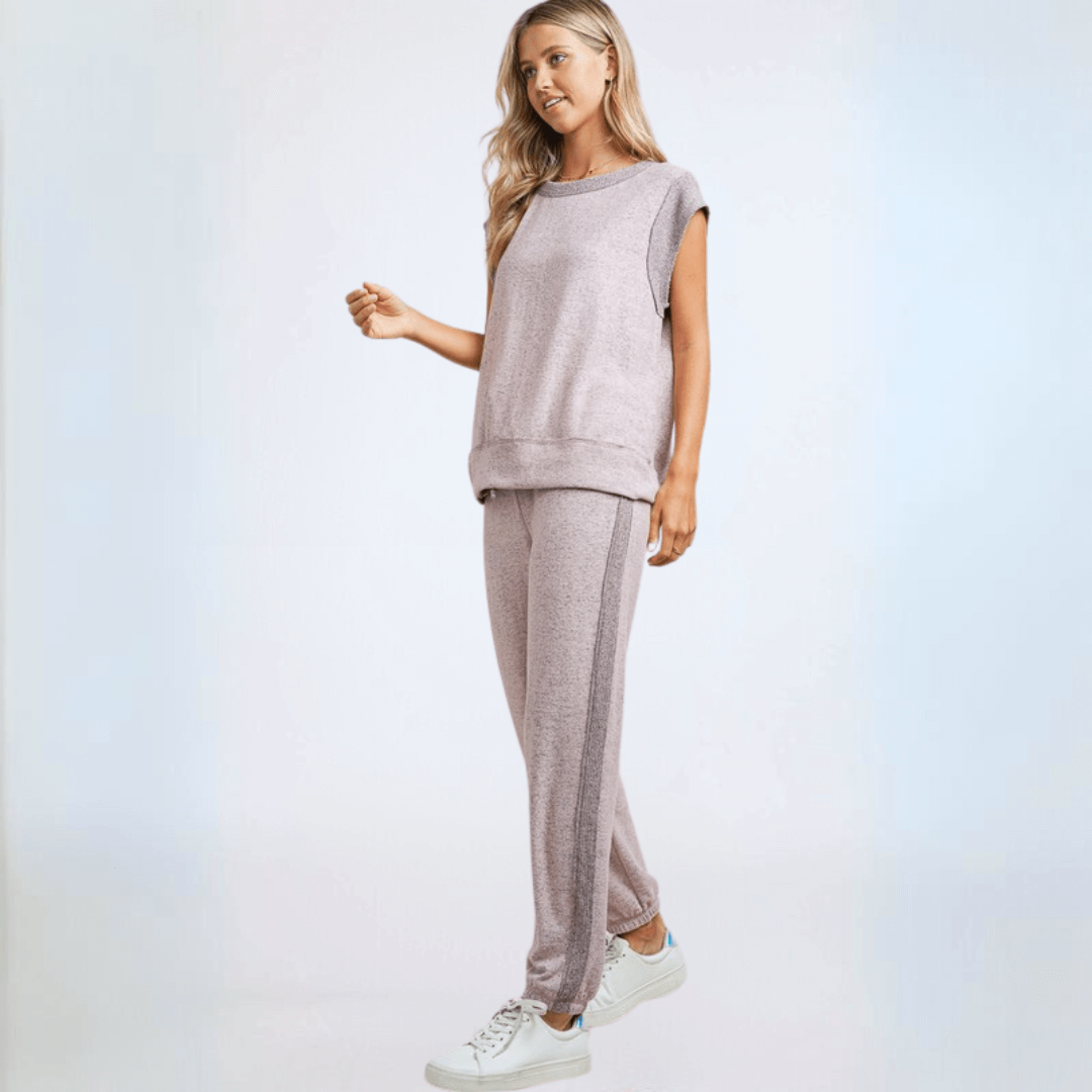 Made in USA Women's Super Soft Brushed Knit Lounge, Set Cap Sleeve Oversized Top, Relaxed Fit High Waist Jogger in Light Heather Lilac | Classy Cozy Cool Made in America Boutique