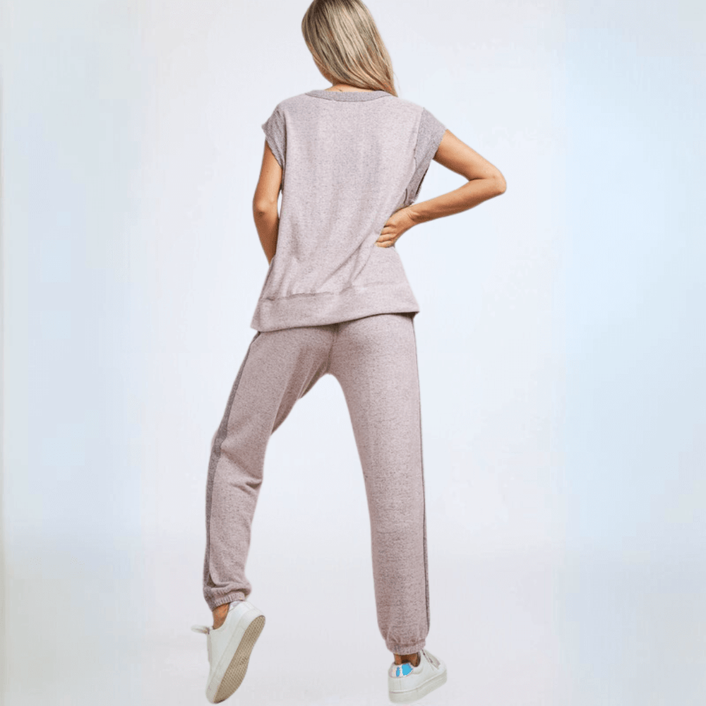 Made in USA Women's Super Soft Brushed Knit Lounge, Set Cap Sleeve Oversized Top, Relaxed Fit High Waist Jogger in Light Heather Lilac | Classy Cozy Cool Made in America Boutique