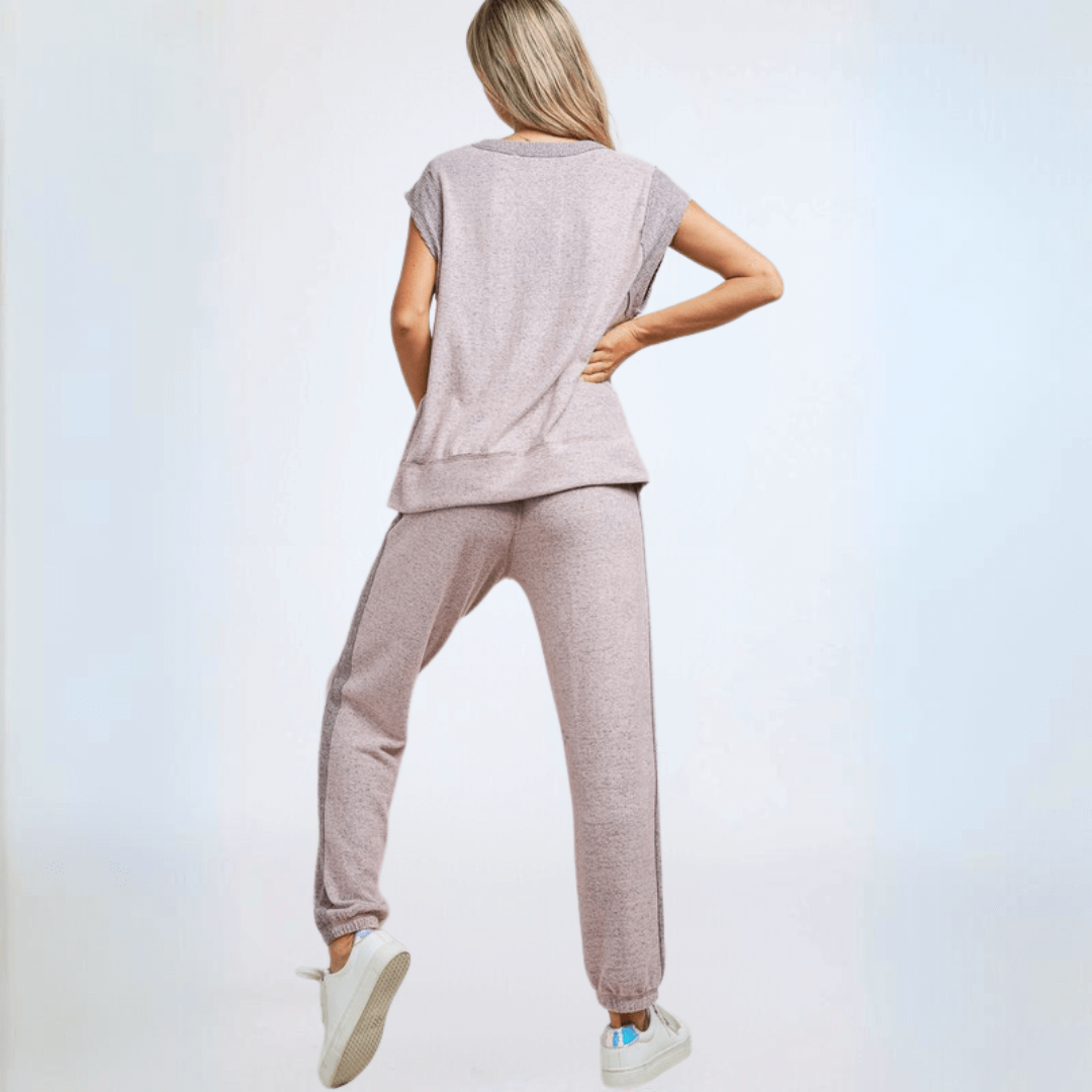 Made in USA Women's Super Soft Brushed Knit Lounge, Set Cap Sleeve Oversized Top, Relaxed Fit High Waist Jogger in Light Heather Lilac | Classy Cozy Cool Made in America Boutique