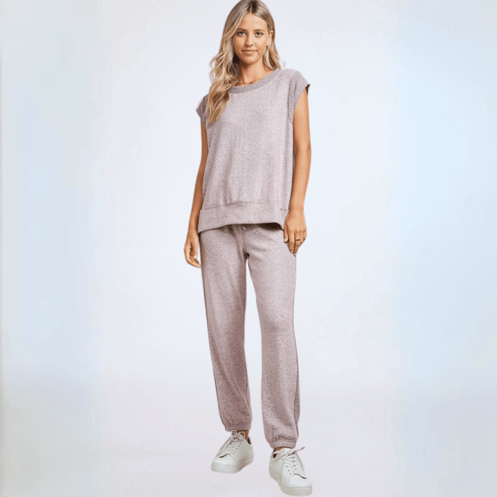 Made in USA Women's Super Soft Brushed Knit Lounge, Set Cap Sleeve Oversized Top, Relaxed Fit High Waist Jogger in Light Heather Lilac | Classy Cozy Cool Made in America Boutique