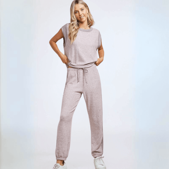 Made in USA Women's Super Soft Brushed Knit Lounge, Set Cap Sleeve Oversized Top, Relaxed Fit High Waist Jogger in Light Heather Lilac | Classy Cozy Cool Made in America Boutique