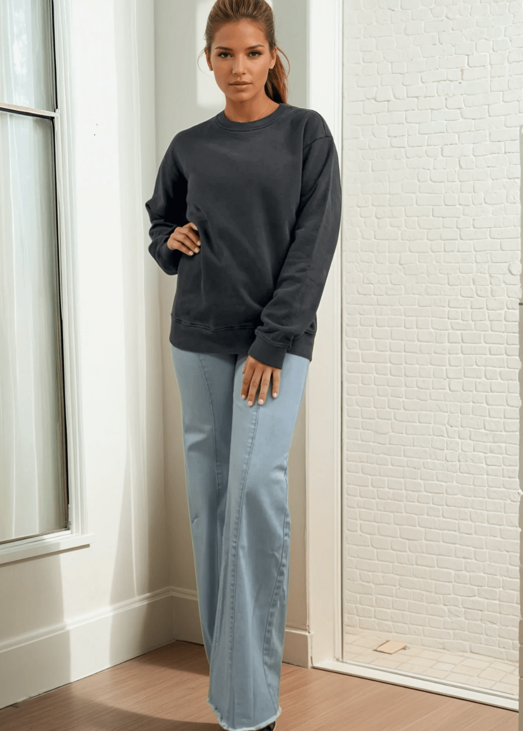 Made in USA Women's Heavyweight Pigment Dyed Cotton Fleece Sweatshirt in Washed Black | Classy Cozy Cool Made in America Boutique