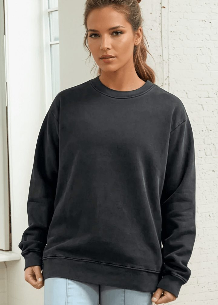 Made in USA Women's Heavyweight Pigment Dyed Cotton Fleece Sweatshirt in Washed Black | Classy Cozy Cool Made in America Boutique