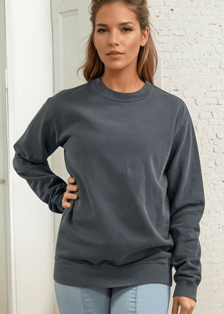 Made in USA Women's Heavyweight Pigment Dyed Cotton Fleece Sweatshirt in Evergreen | Classy Cozy Cool Made in America Boutique