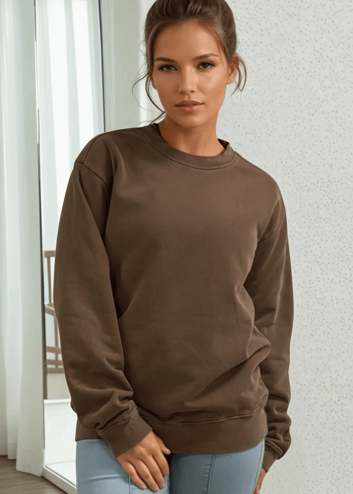 Made in USA Women's Heavyweight Pigment Dyed Cotton Fleece Sweatshirt in Mocha Brown | Classy Cozy Cool Made in America Boutique