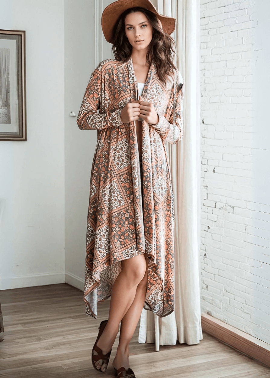 Made in USA Women's Lightweight Bohemian Open Front Cardigan with Side Pockets in Multi Olive or Pumpkin | Bucket List Style T1537