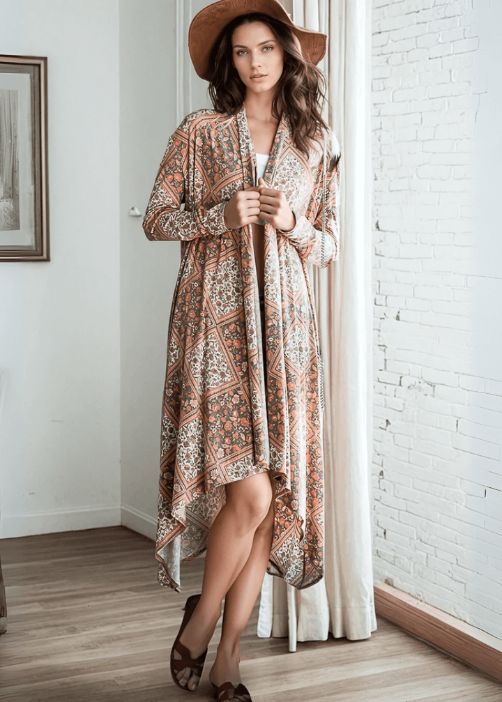 Made in USA Women's Lightweight Bohemian Open Front Cardigan with Side Pockets in Multi Olive or Pumpkin | Bucket List Style T1537