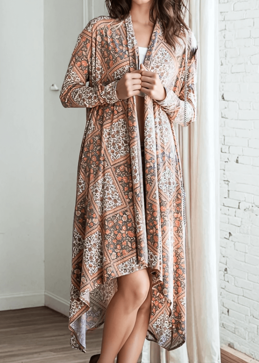 Made in USA Women's Lightweight Bohemian Open Front Cardigan with Side Pockets in Multi Olive or Pumpkin | Bucket List Style T1537