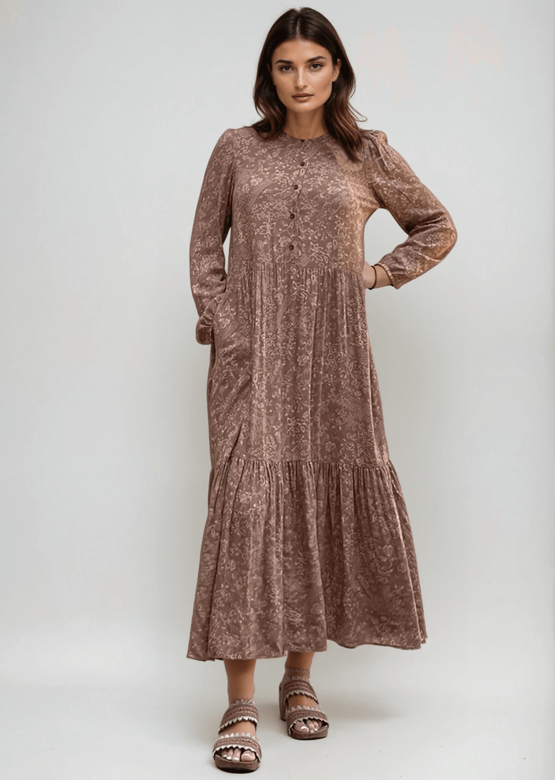 Made in USA Women's Floral 2-Tone Midi/Maxi Tiered Dress, Long Puff Sleeves, 100% Rayon  in Gray with Maroon Floral Pattern Or Camel | Bucket List Style D3067