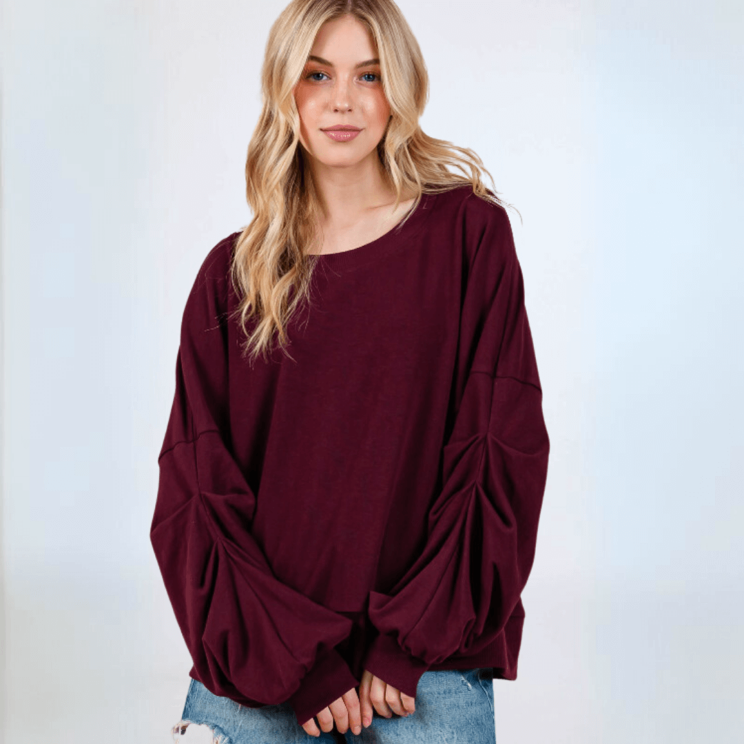 Made in USA Women's Cabernet Deep Red Oversized Sweatshirt with Large Puff Sleeves with Gathering on Front in Solid Terry with Round Neck | Classy Cozy Cool Made in America Boutique