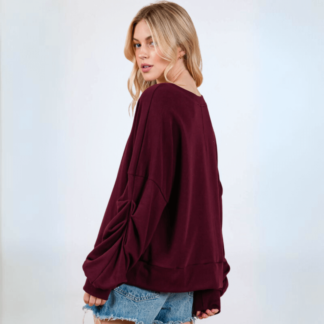 Made in USA Women's Cabernet Deep Red Oversized Sweatshirt with Large Puff Sleeves with Gathering on Front in Solid Terry with Round Neck | Classy Cozy Cool Made in America Boutique